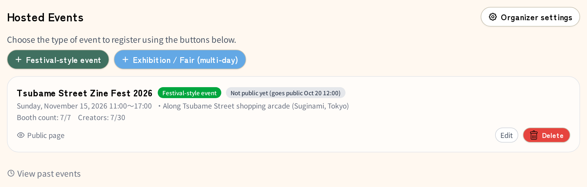 The list of hosted events. The event row carries a badge reading "Not public yet (goes public 10/20 12:00)"