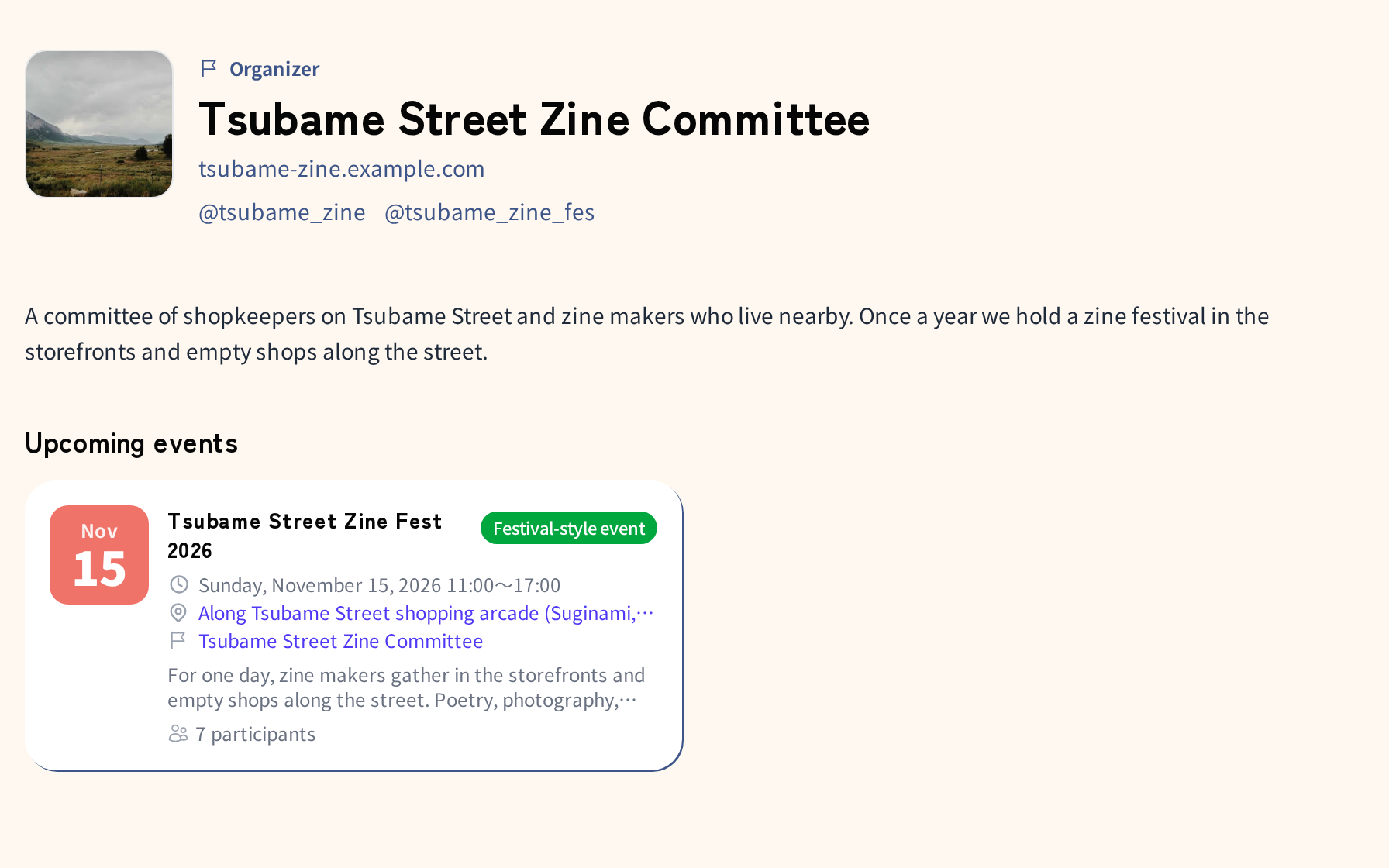 The organizer's public page: icon, name, website and social links, a description, and one upcoming event below