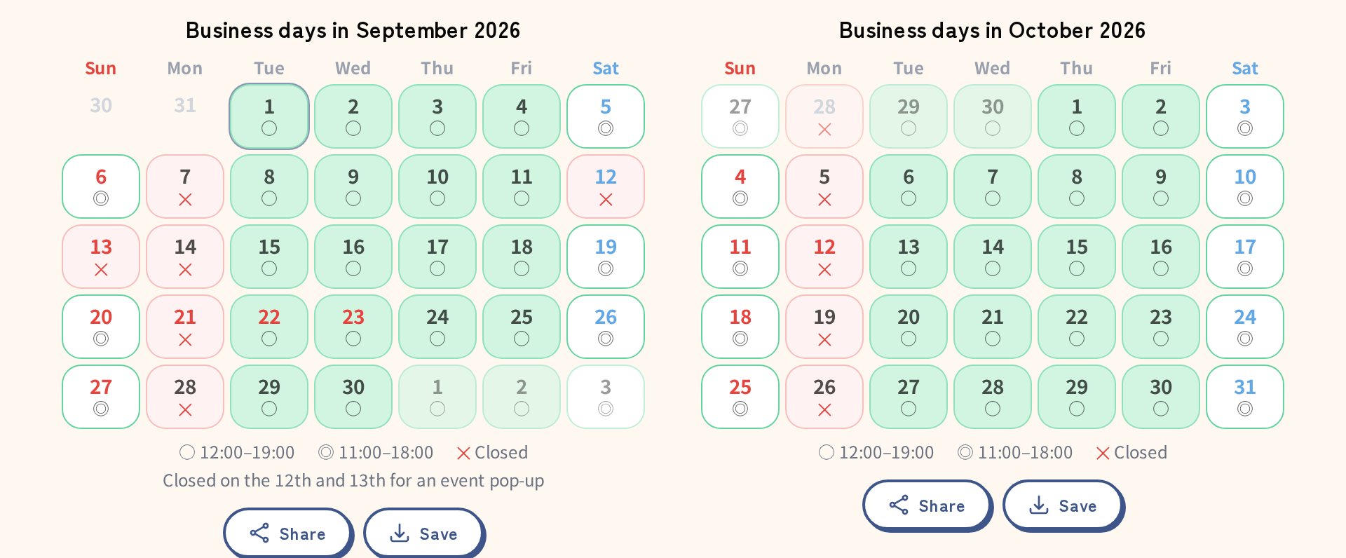The business day calendar on a public shop page